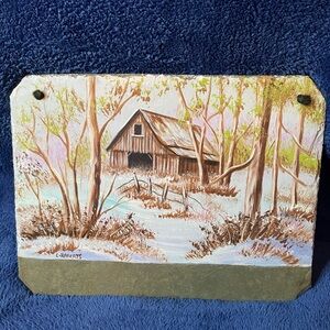 L Roberts Hand Painted Slate Cabin In Wood’s Scene